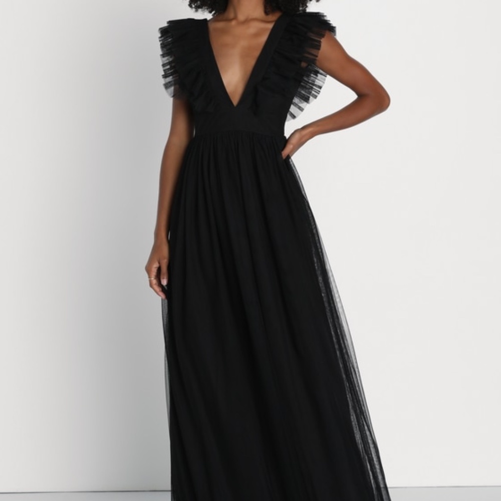 Lulus Simply Delighted Black Mesh Ruffled Backless Maxi Dress - Size L